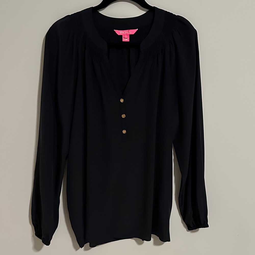 Lilly Pulitzer Black Blouse with Gold Buttons